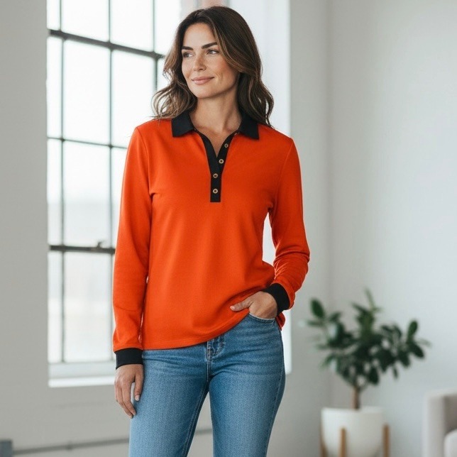 Wonder Long Sleeve Collared Polo Shirt Orange Navy Trim Casual Preppy Sporty M
